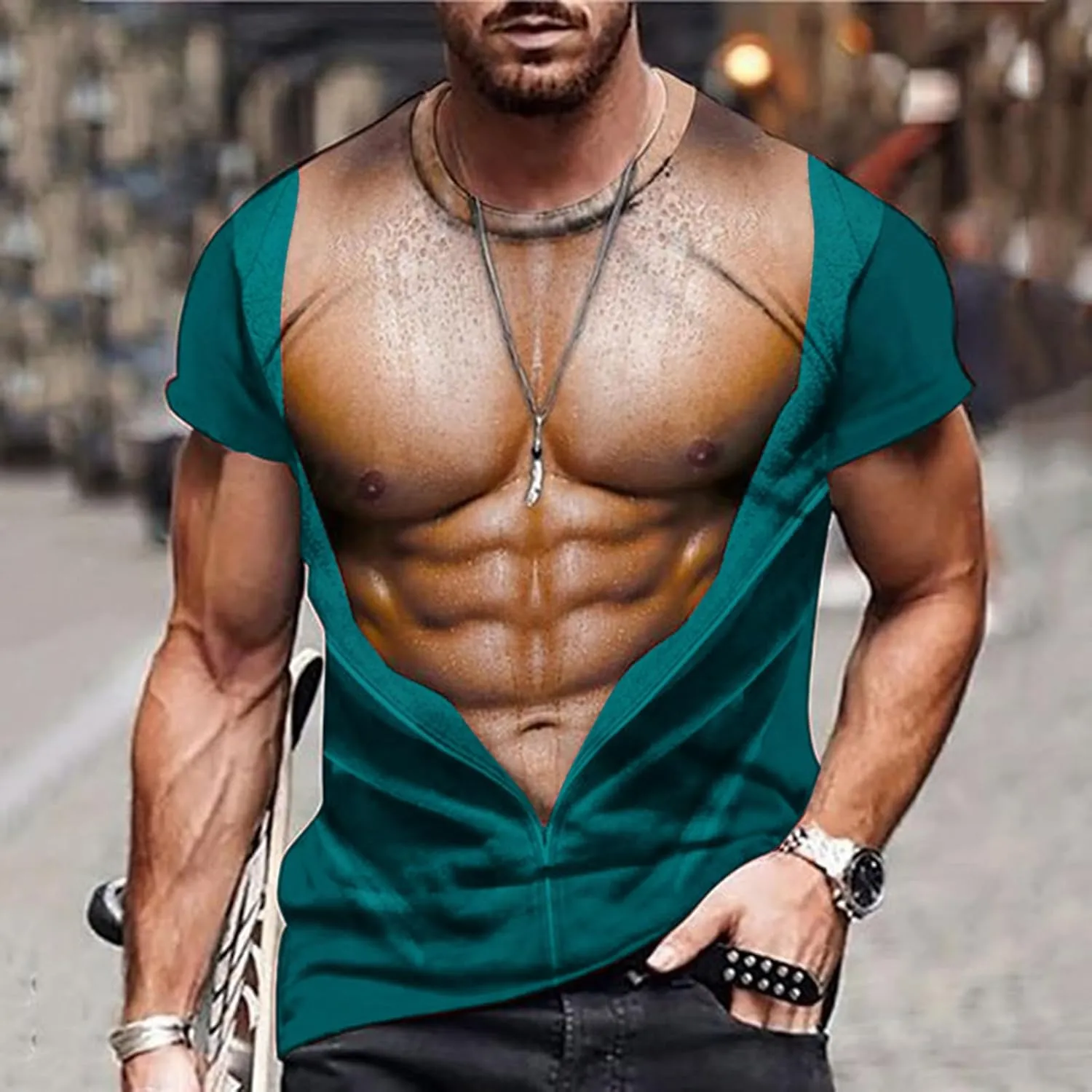 Mens Funny T Shirts Summer Casual Short Sleeve Crewneck 3D Fake Abs Print Tees Muscle Tshirts Novelty Ugly