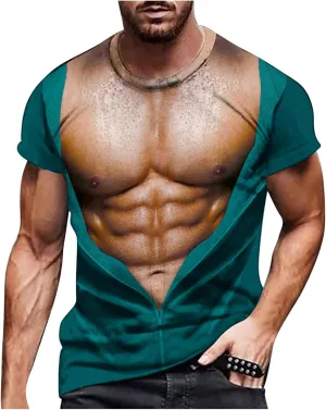 Mens Funny T Shirts Summer Casual Short Sleeve Crewneck 3D Fake Abs Print Tees Muscle Tshirts Novelty Ugly