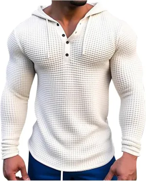 Mens Hoodies Casual Long Sleeve Drawstring Waffle Knit Hooded Sweatshirt Muscle Fit T Shirts Gym Workout Pullover Tops