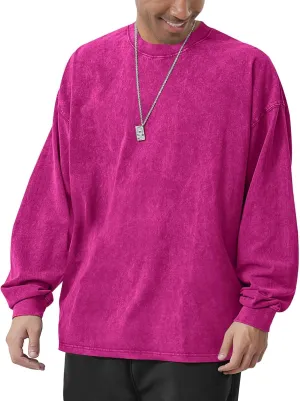 Men's Oversized Cotton T-Shirts Heavy Weight Crew Neck Vintage Wash Tee Long Sleeve Casual Gym Workout Tops