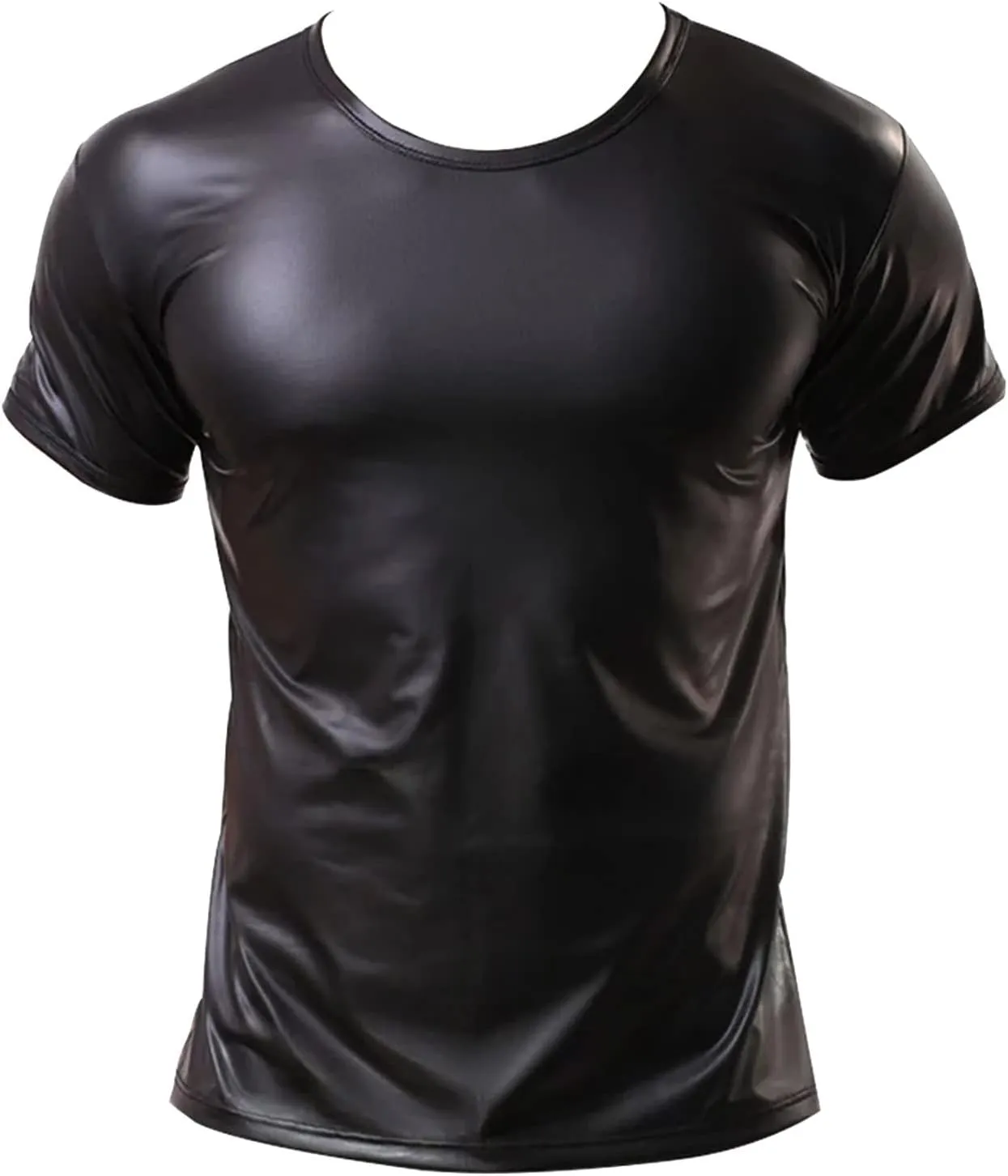 Mens Sexy Faux Leather T-Shirts Plus Size Slim Tight Wetlook Sparkly Tops Short Sleeve Nightwear Party Clubwear