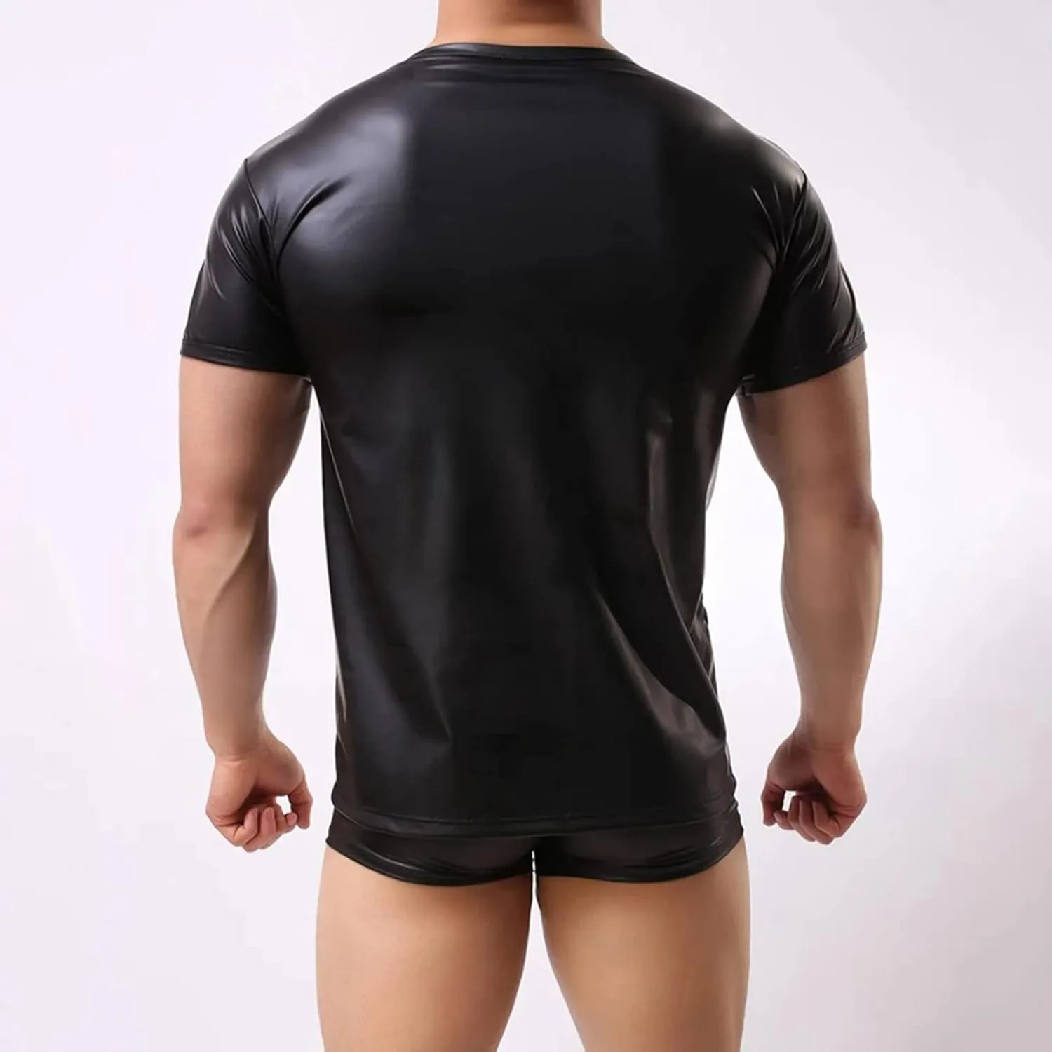 Mens Sexy Faux Leather T-Shirts Plus Size Slim Tight Wetlook Sparkly Tops Short Sleeve Nightwear Party Clubwear