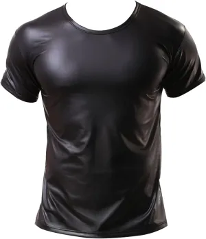 Mens Sexy Faux Leather T-Shirts Plus Size Slim Tight Wetlook Sparkly Tops Short Sleeve Nightwear Party Clubwear