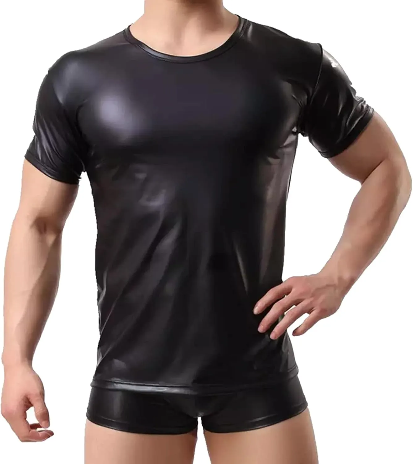Mens Sexy Faux Leather T-Shirts Plus Size Slim Tight Wetlook Sparkly Tops Short Sleeve Nightwear Party Clubwear