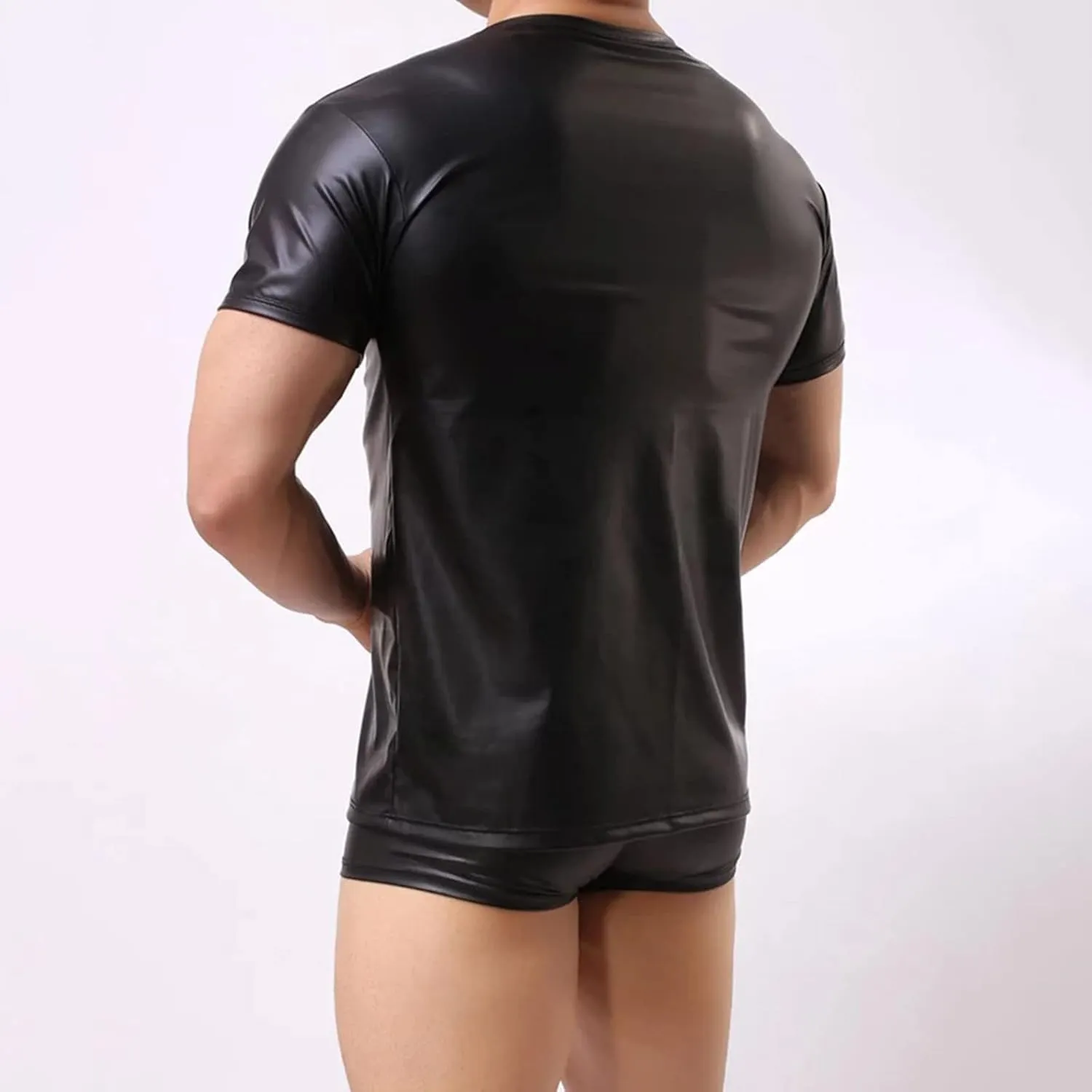 Mens Sexy Faux Leather T-Shirts Plus Size Slim Tight Wetlook Sparkly Tops Short Sleeve Nightwear Party Clubwear