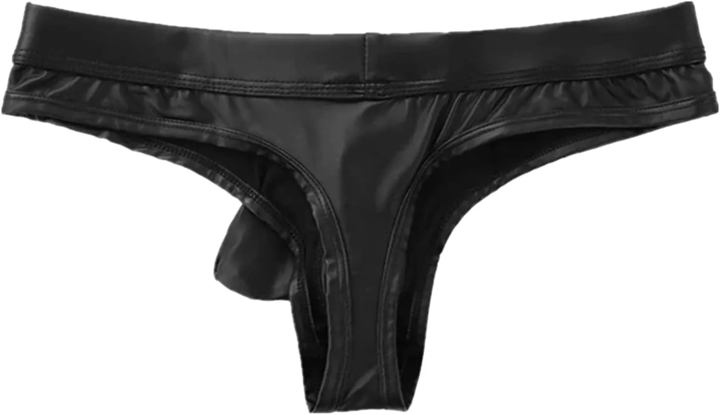 Men's Sexy Open Front Thong PU Leather Underwear Low Waist Panties Cutout G-String Jockstrap Bulge Pouch Underpants