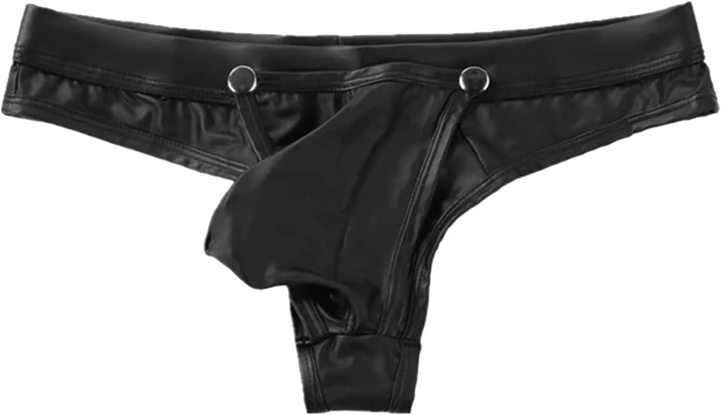 Men's Sexy Open Front Thong PU Leather Underwear Low Waist Panties Cutout G-String Jockstrap Bulge Pouch Underpants