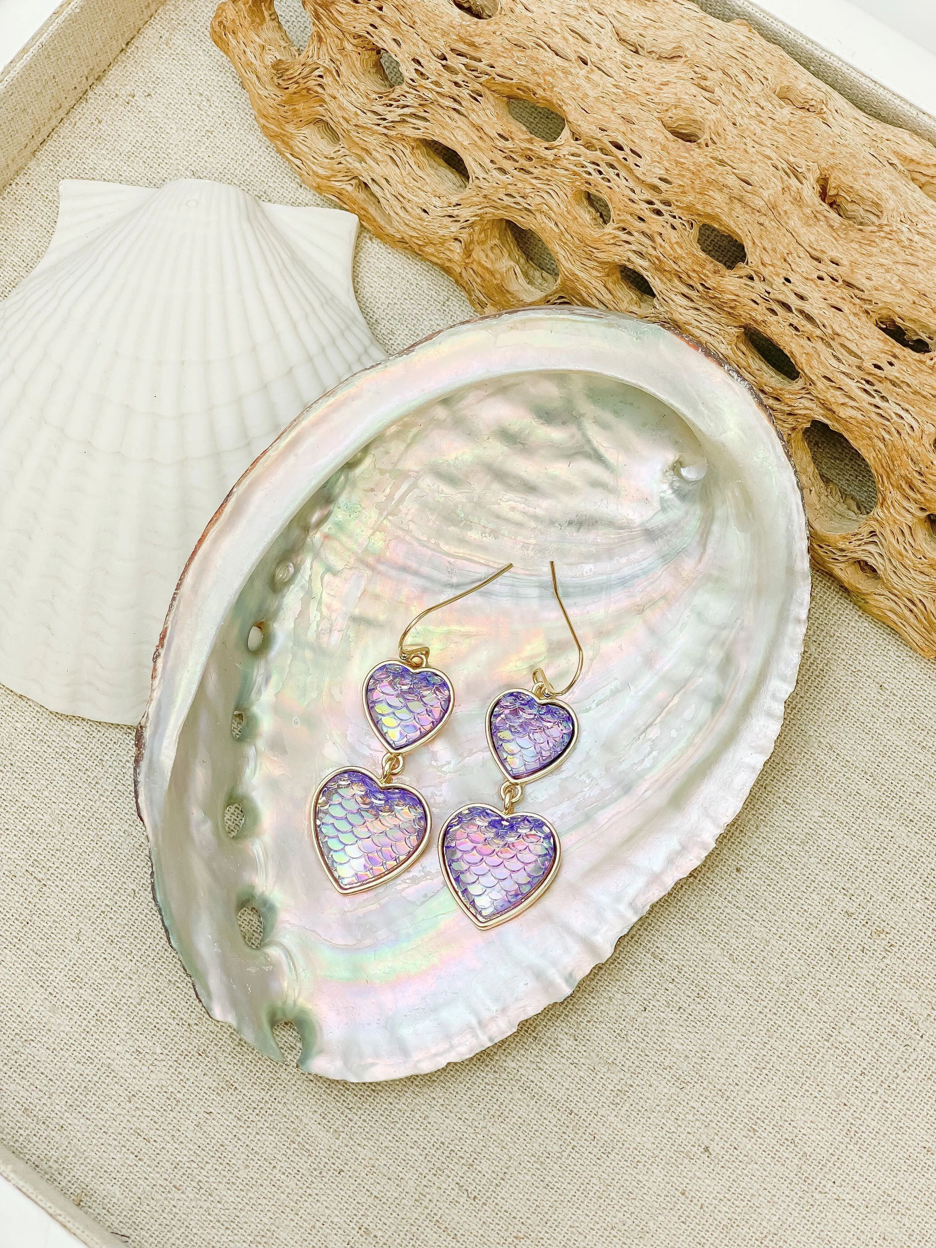 Mermaid Scale Heart Dangle Earrings - Purple
