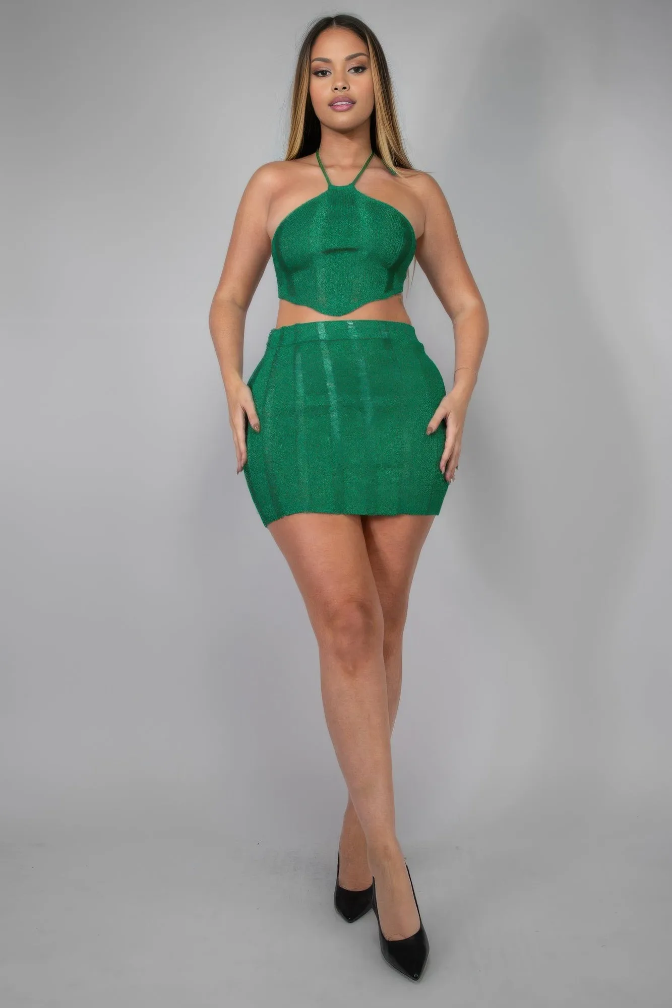 Metallic Halter Mini Skirt Set