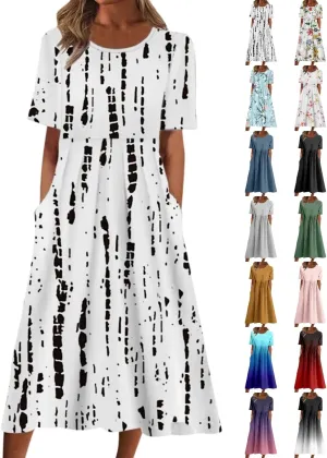 Midi Dresses for Women 2024 Summer Casual Short Sleeve T Shirts Dress Boho Beach Vacation Floral Print Cute Sundress