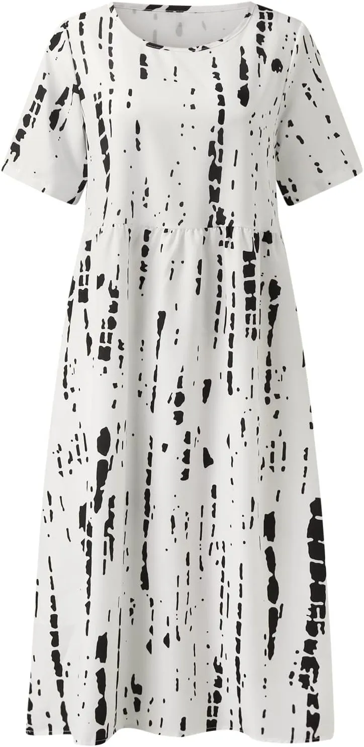 Midi Dresses for Women 2024 Summer Casual Short Sleeve T Shirts Dress Boho Beach Vacation Floral Print Cute Sundress