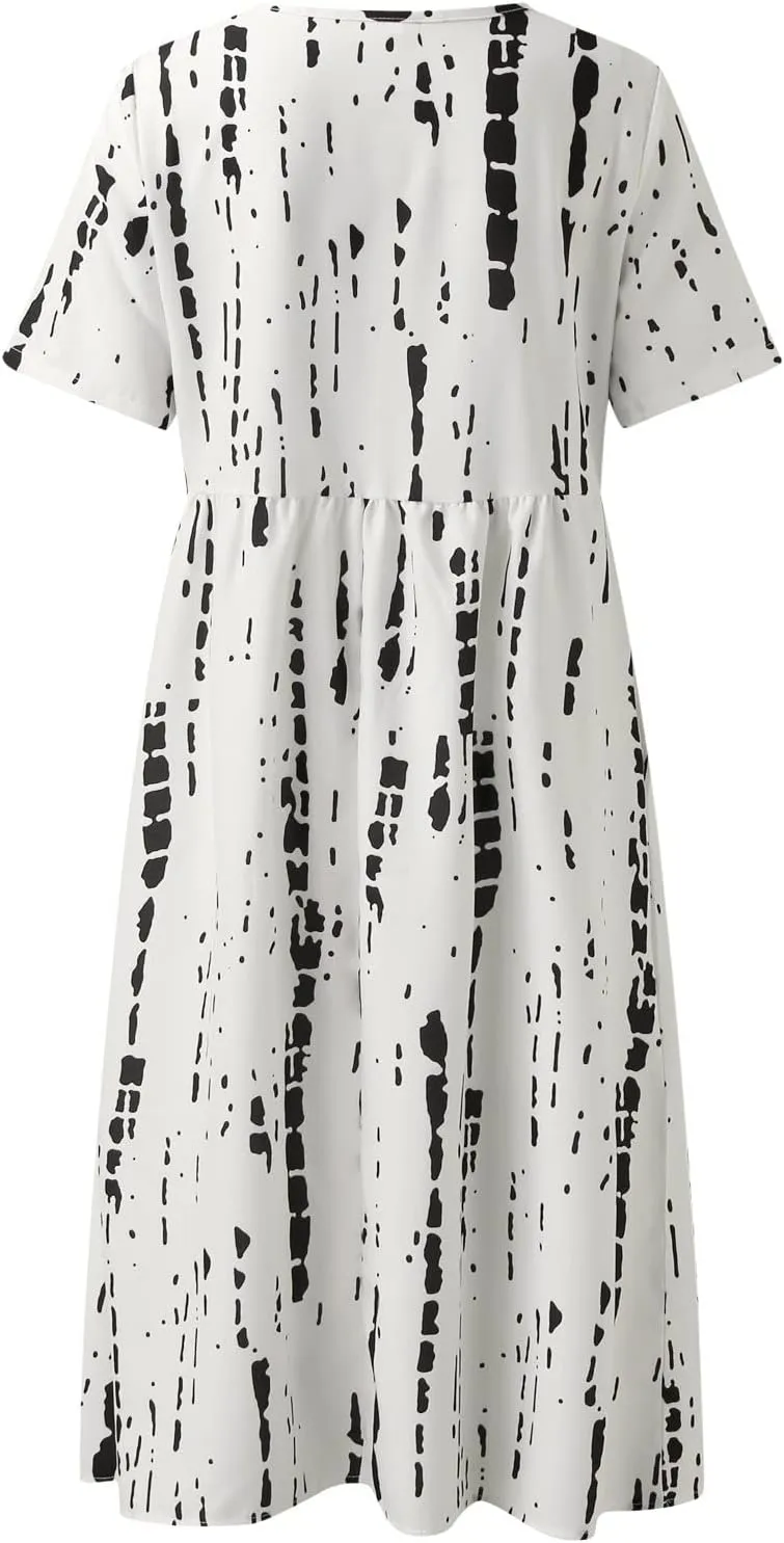 Midi Dresses for Women 2024 Summer Casual Short Sleeve T Shirts Dress Boho Beach Vacation Floral Print Cute Sundress