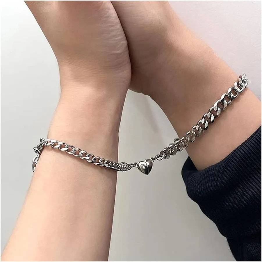 MIFYNN 2pcs Matching Couple Bracelets Set Cuban Chain Bracelet Heart Bracelet Pinky Promise Couples Bracelets for Boyfriend Girlfriend