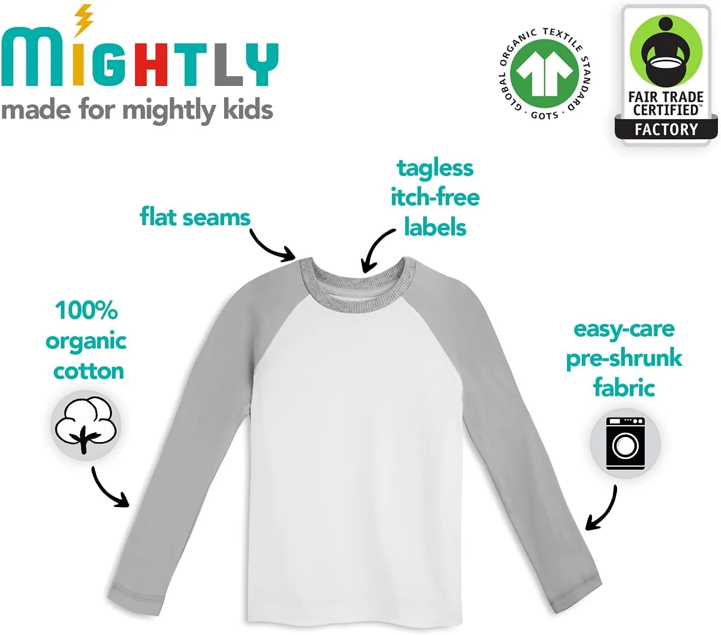 Mightly Boys and Girls' Long Sleeve Raglan Shirt | Organic Cotton, Colorful Casual Stylish Clothes, Soft&Fresh Crew Neck Tee