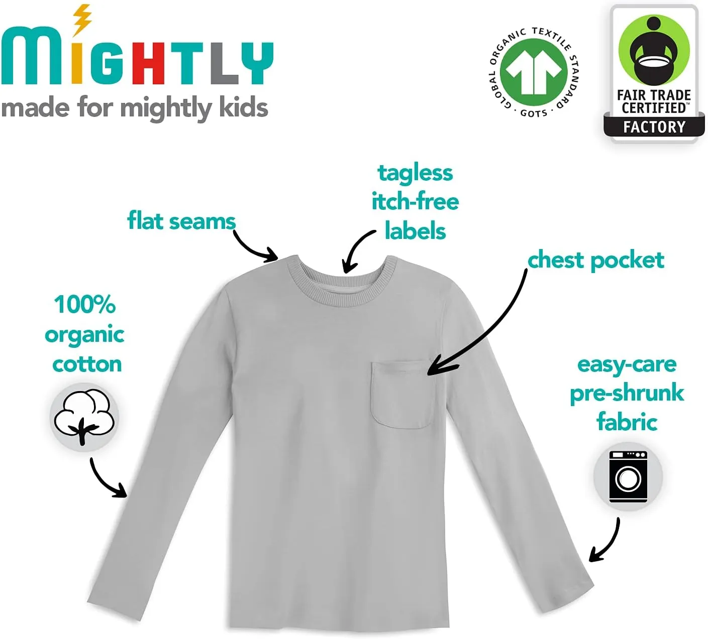 Mightly Boys and Girls' Long Sleeve Raglan Shirt | Organic Cotton, Colorful Casual Stylish Clothes, Soft&Fresh Crew Neck Tee