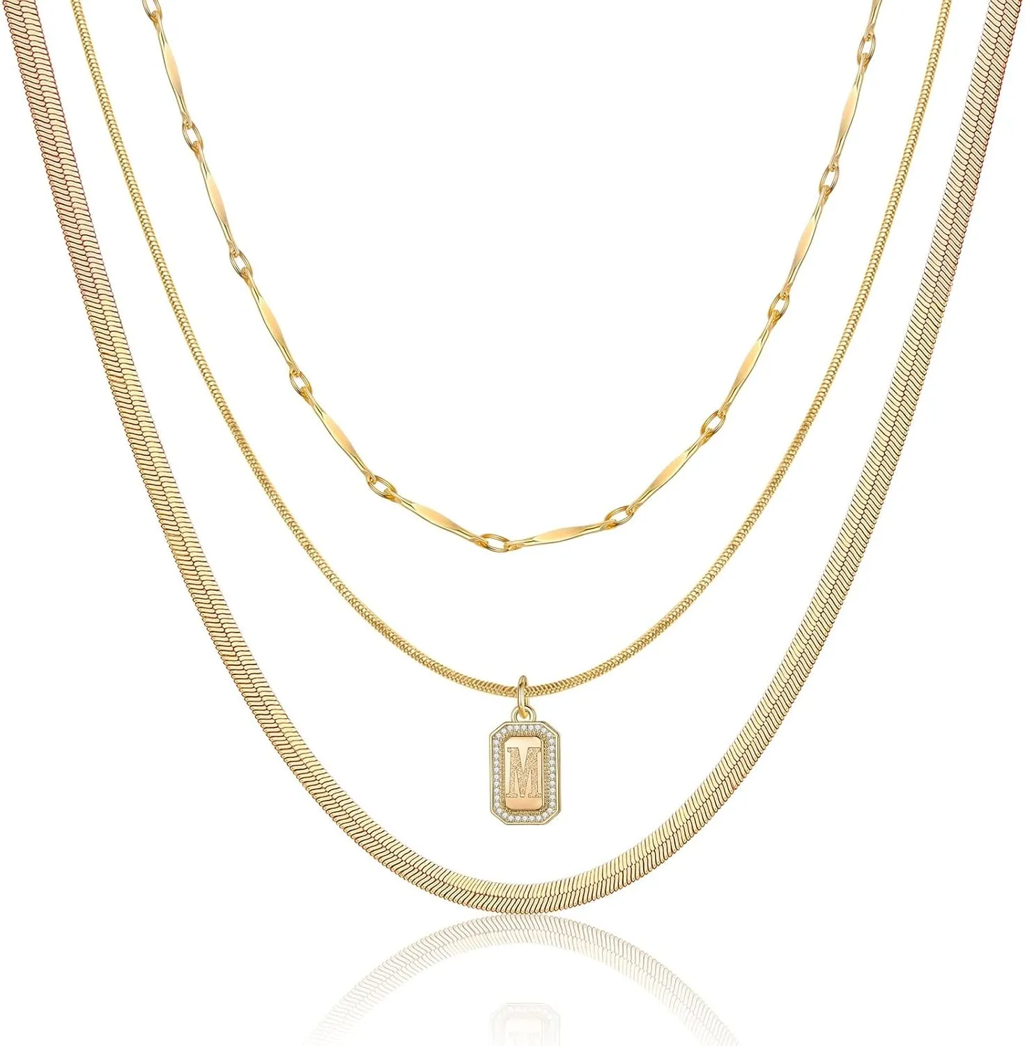MJartoria Gold Layered Initial Necklaces for Women, Simple Square A-Z Letter Necklace, Snake Chain Herringbone Necklace, Initial Necklace Gold Layered Necklaces Jewelry for Women (Gold, M)