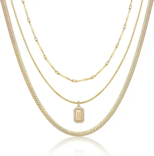 MJartoria Gold Layered Initial Necklaces for Women, Simple Square A-Z Letter Necklace, Snake Chain Herringbone Necklace, Initial Necklace Gold Layered Necklaces Jewelry for Women (Gold, M)