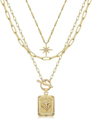 MJartoria Layered Necklaces for Women Trendy, 14K Gold Plated Simple Star Choker Square Flower Pendant Necklace, Paperclip Chain Necklace, Gold Necklaces Jewelry Gifts