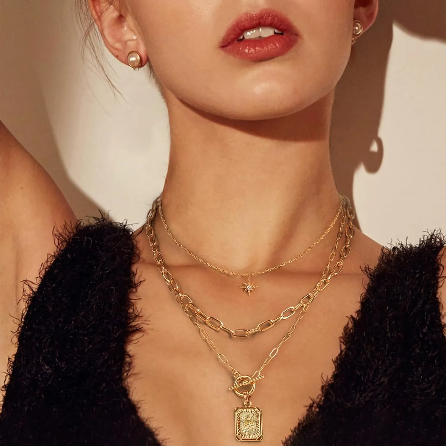 MJartoria Layered Necklaces for Women Trendy, 14K Gold Plated Simple Star Choker Square Flower Pendant Necklace, Paperclip Chain Necklace, Gold Necklaces Jewelry Gifts