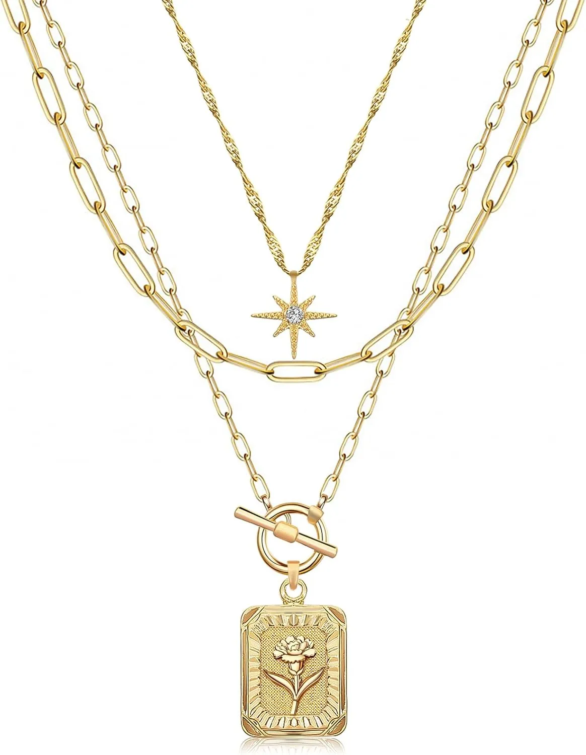 MJartoria Layered Necklaces for Women Trendy, 14K Gold Plated Simple Star Choker Square Flower Pendant Necklace, Paperclip Chain Necklace, Gold Necklaces Jewelry Gifts