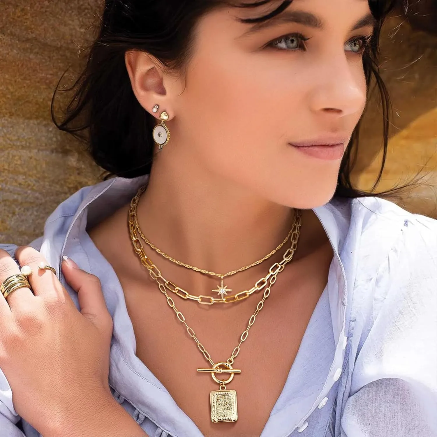 MJartoria Layered Necklaces for Women Trendy, 14K Gold Plated Simple Star Choker Square Flower Pendant Necklace, Paperclip Chain Necklace, Gold Necklaces Jewelry Gifts