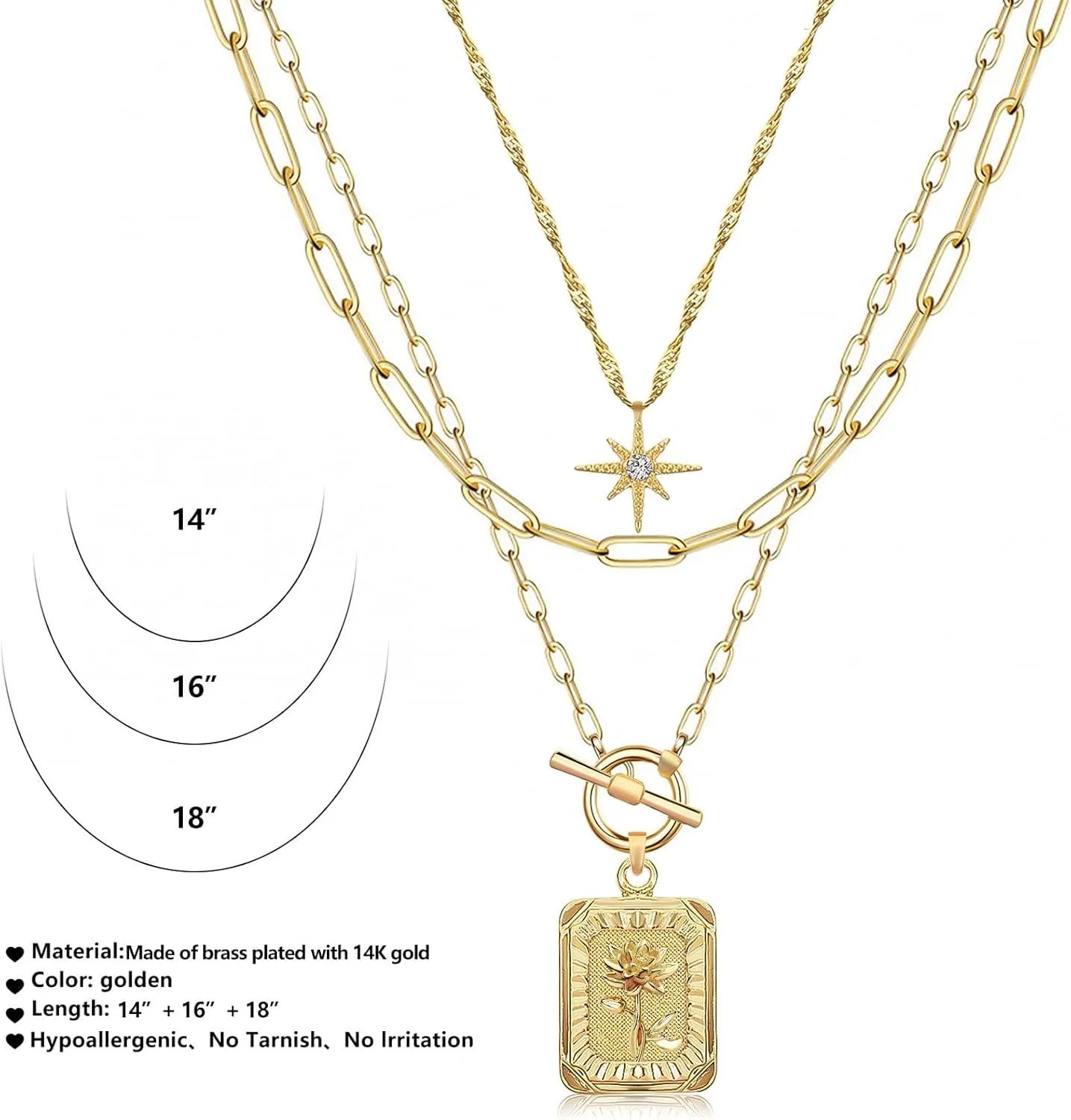 MJartoria Layered Necklaces for Women Trendy, 14K Gold Plated Simple Star Choker Square Flower Pendant Necklace, Paperclip Chain Necklace, Gold Necklaces Jewelry Gifts