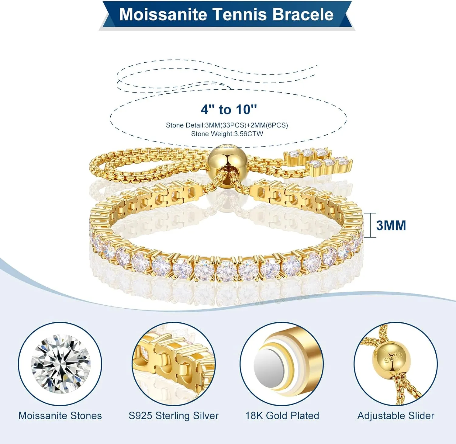 Moissanite Tennis Bracelet 1.52ct-7.76ct Adjustable Bracelet for Women 18K White Gold Plated S925 Sterling Silver Tennis Bracelet D Color VVS1 Round Cut 2mm-4mm Moissanite Bracelet Mothers Day Gift