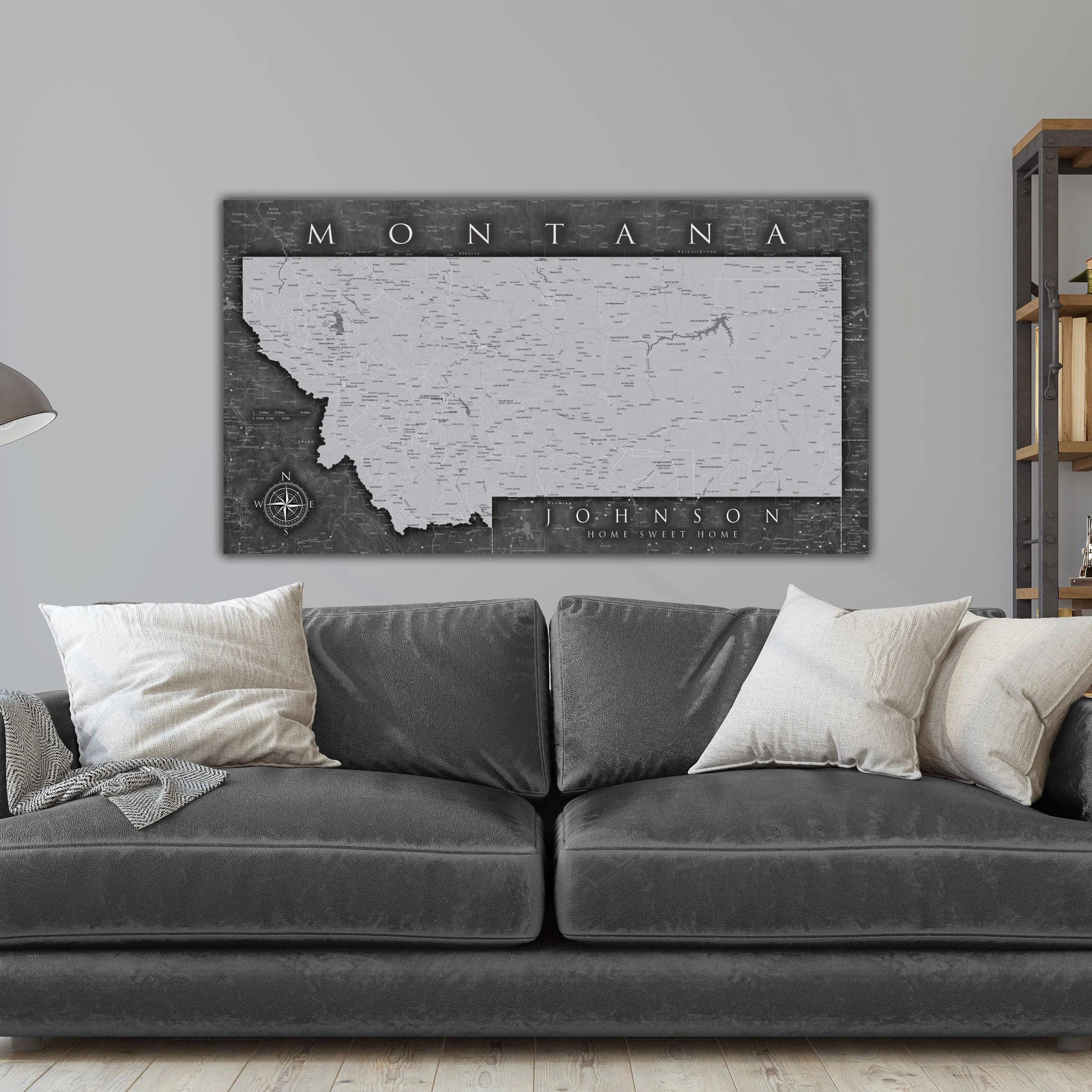Montana Push Pin State Travel Map Wall Art - Grey | Holy Cow Canvas