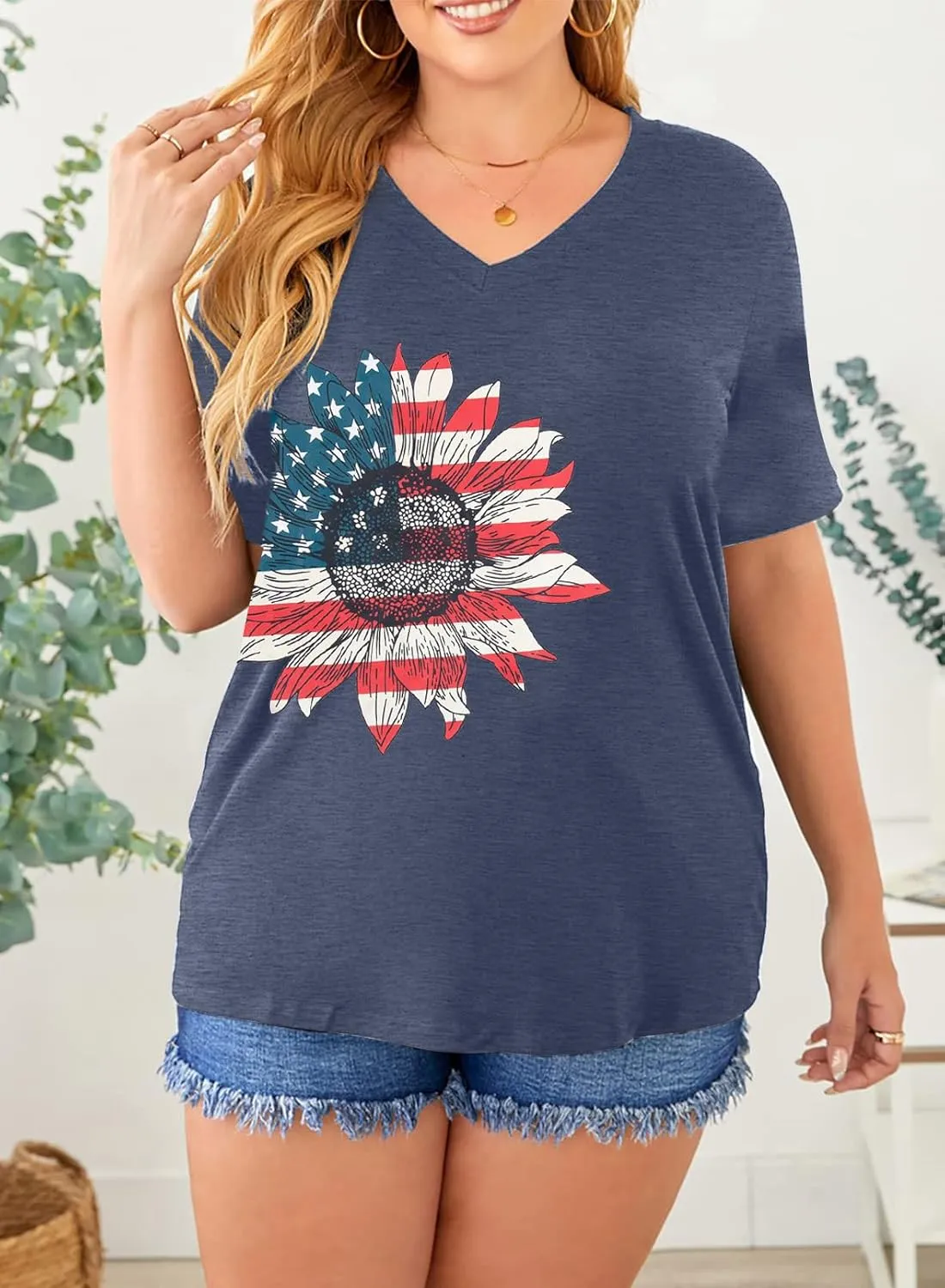 MOUSYA Plus Size Women American Flag Shirt 4th of July Patriotic V Neck T Shirts American Flag Sunflower Graphic Tee Tops