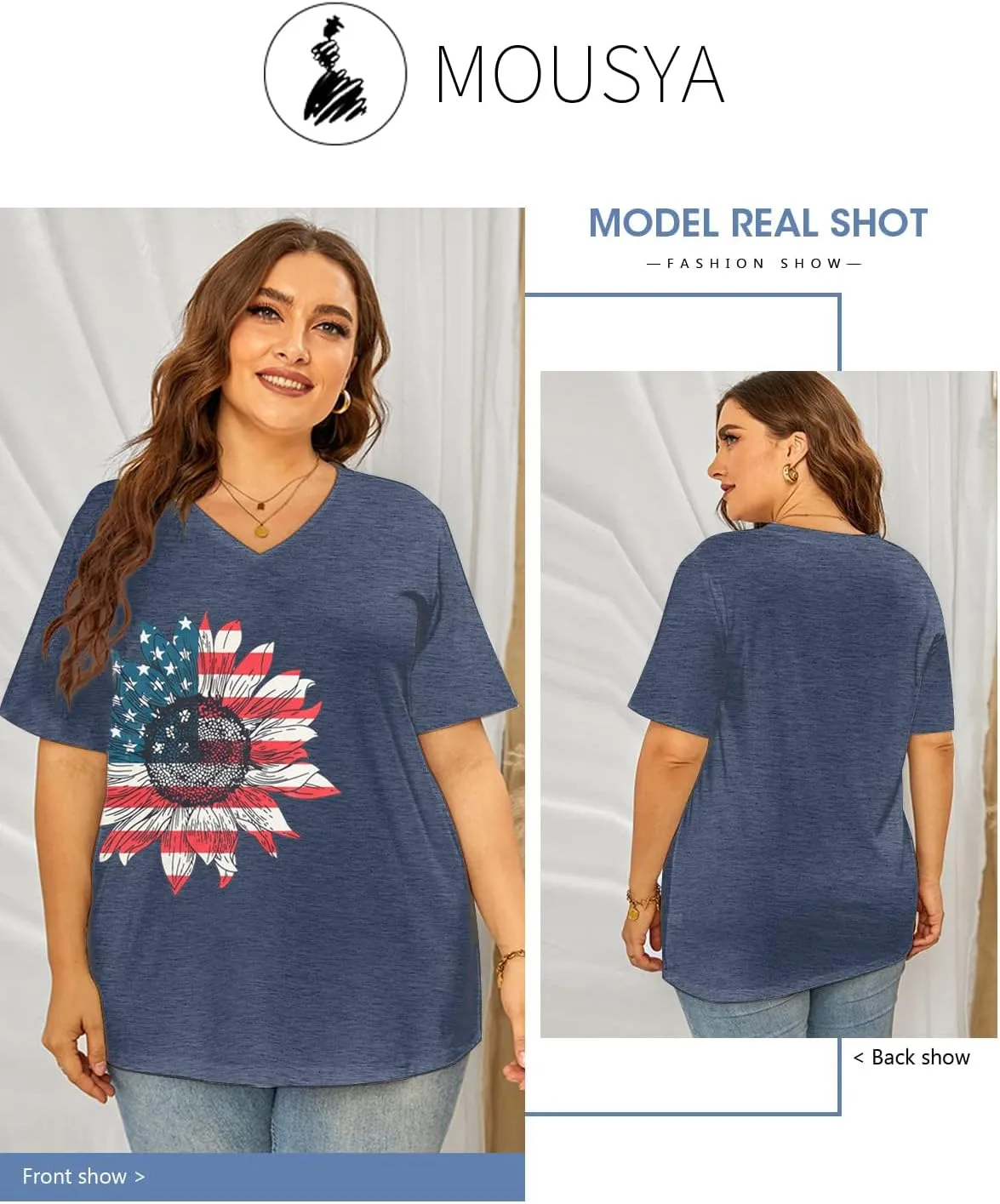 MOUSYA Plus Size Women American Flag Shirt 4th of July Patriotic V Neck T Shirts American Flag Sunflower Graphic Tee Tops