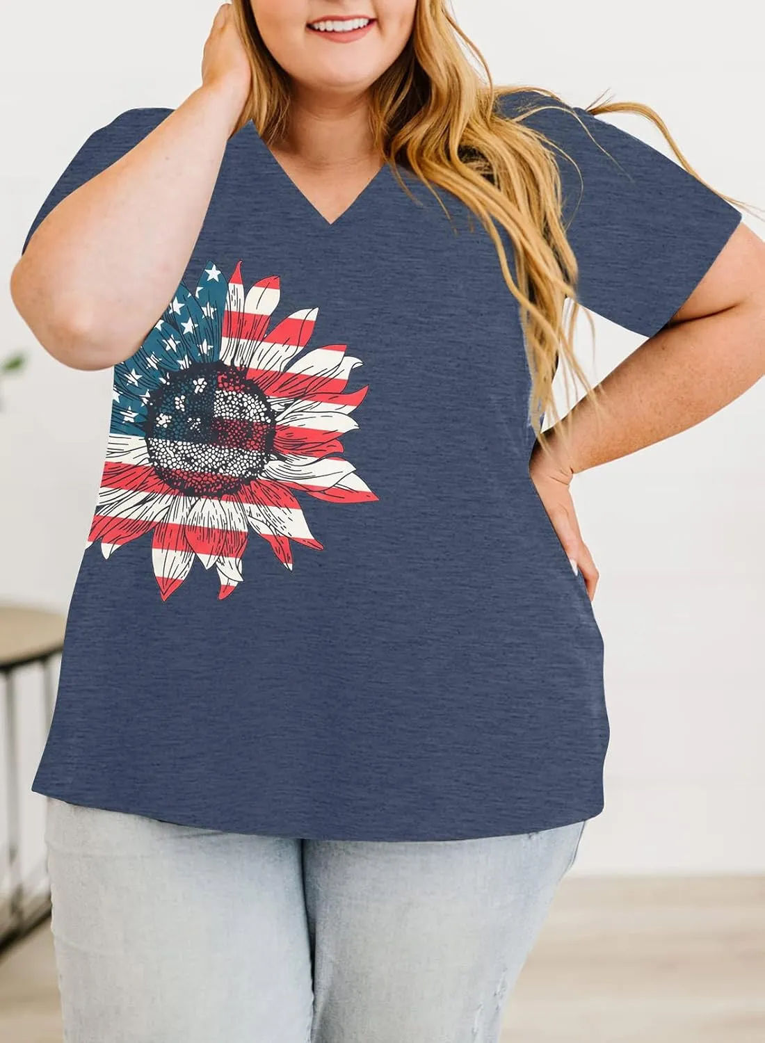 MOUSYA Plus Size Women American Flag Shirt 4th of July Patriotic V Neck T Shirts American Flag Sunflower Graphic Tee Tops