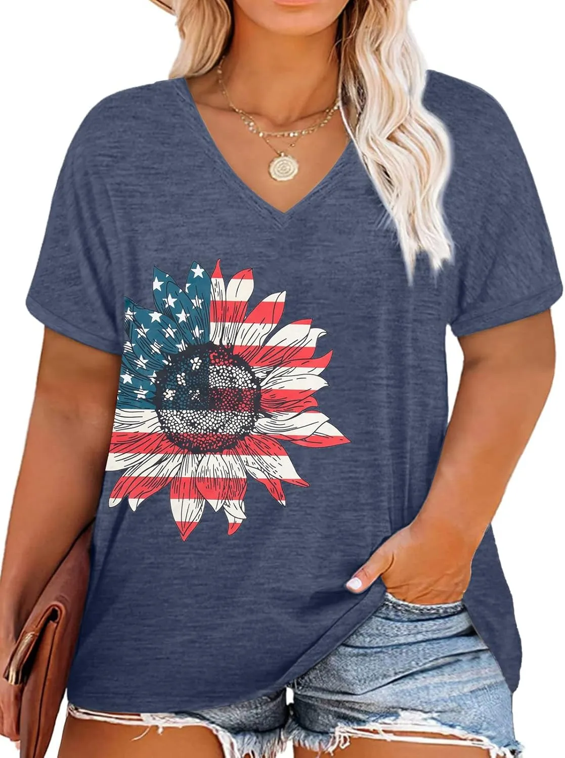 MOUSYA Plus Size Women American Flag Shirt 4th of July Patriotic V Neck T Shirts American Flag Sunflower Graphic Tee Tops