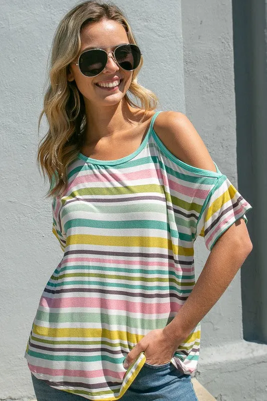 MULTI STRIPE  COLD SHOULDER TOP