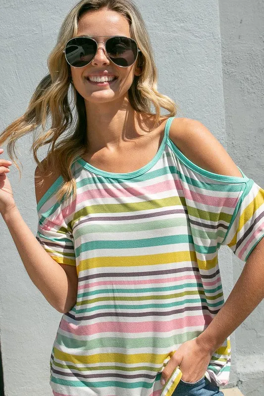 MULTI STRIPE  COLD SHOULDER TOP