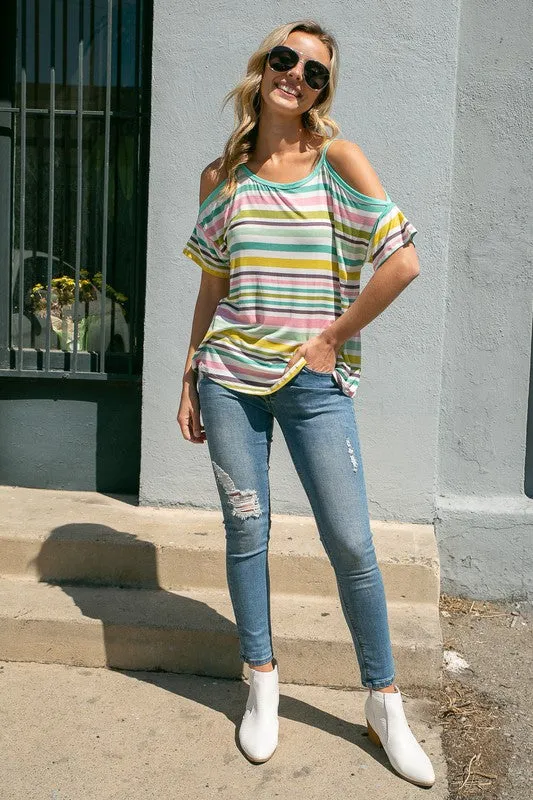 MULTI STRIPE  COLD SHOULDER TOP