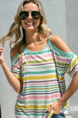 MULTI STRIPE  COLD SHOULDER TOP