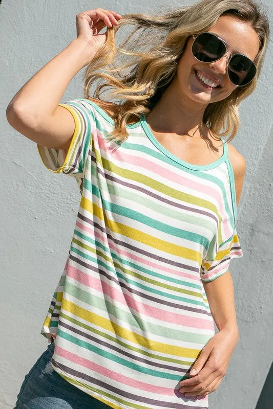 MULTI STRIPE  COLD SHOULDER TOP