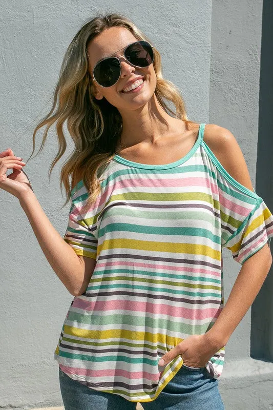 MULTI STRIPE  COLD SHOULDER TOP