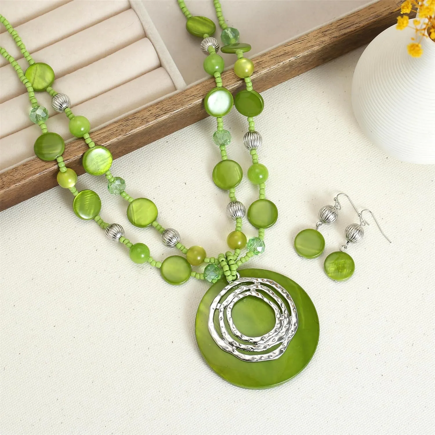 Multilayered Strand Statement Necklaces Set for Women Big Circle Shell Pendant Necklace with Colorful Beaded Chunky Choker Necklace and Earrings.