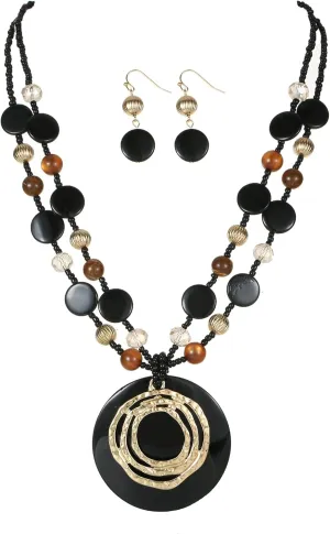 Multilayered Strand Statement Necklaces Set for Women Big Circle Shell Pendant Necklace with Colorful Beaded Chunky Choker Necklace and Earrings.