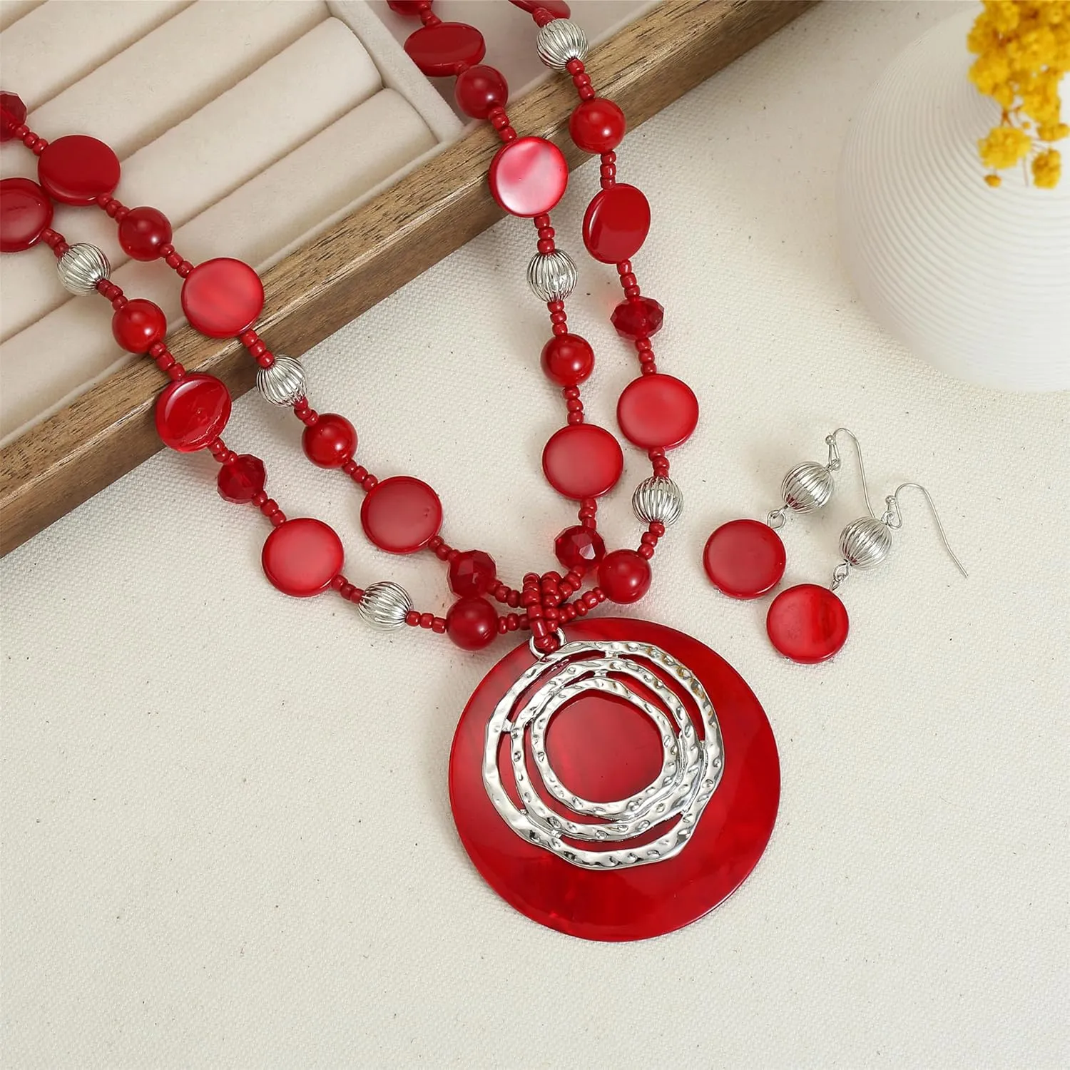 Multilayered Strand Statement Necklaces Set for Women Big Circle Shell Pendant Necklace with Colorful Beaded Chunky Choker Necklace and Earrings.