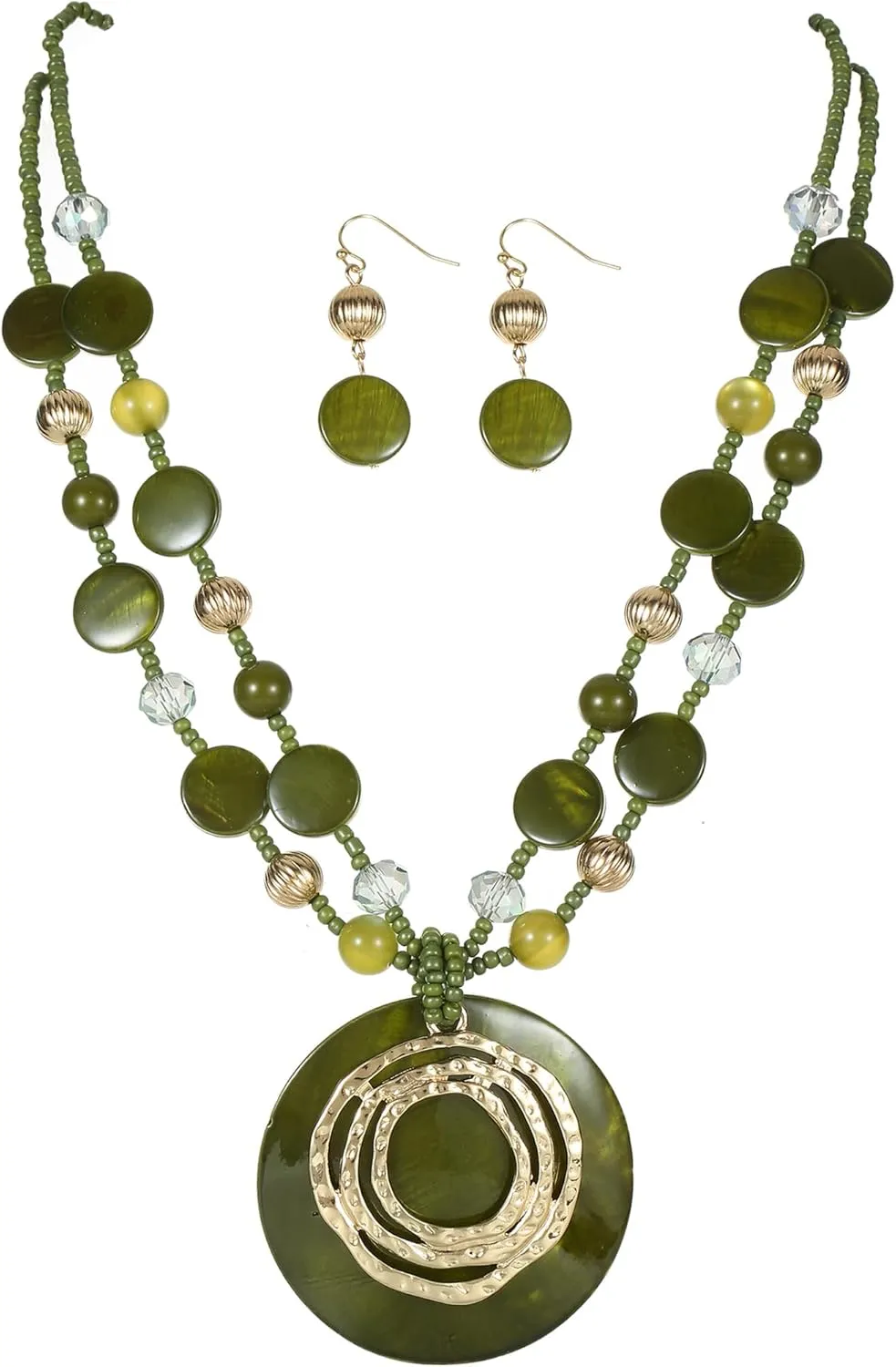 Multilayered Strand Statement Necklaces Set for Women Big Circle Shell Pendant Necklace with Colorful Beaded Chunky Choker Necklace and Earrings.