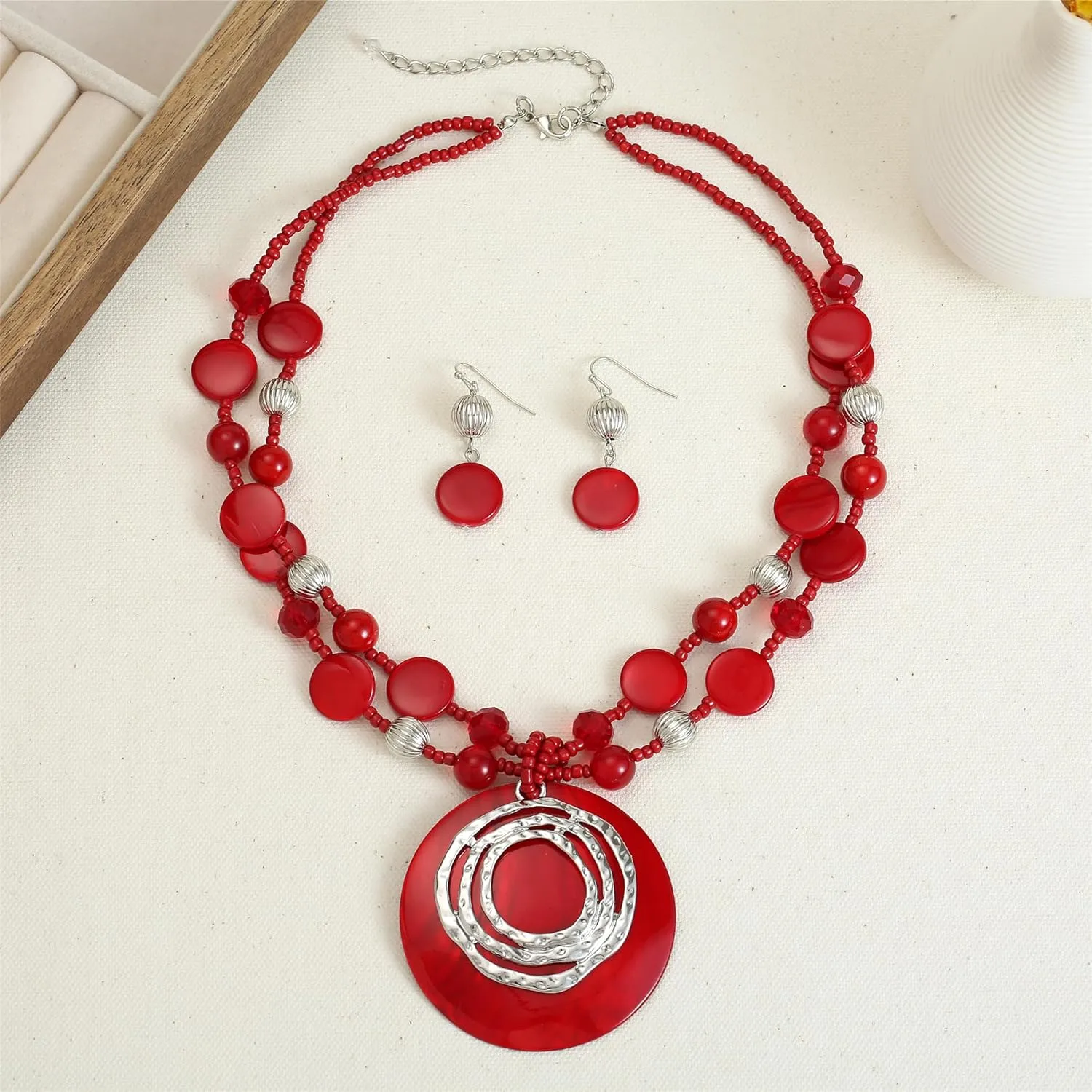 Multilayered Strand Statement Necklaces Set for Women Big Circle Shell Pendant Necklace with Colorful Beaded Chunky Choker Necklace and Earrings.