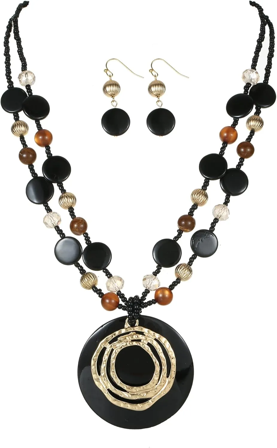 Multilayered Strand Statement Necklaces Set for Women Big Circle Shell Pendant Necklace with Colorful Beaded Chunky Choker Necklace and Earrings.