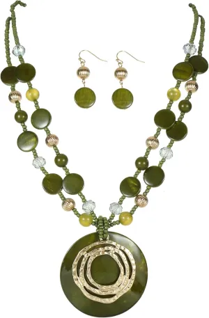 Multilayered Strand Statement Necklaces Set for Women Big Circle Shell Pendant Necklace with Colorful Beaded Chunky Choker Necklace and Earrings.