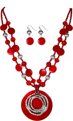 Multilayered Strand Statement Necklaces Set for Women Big Circle Shell Pendant Necklace with Colorful Beaded Chunky Choker Necklace and Earrings.