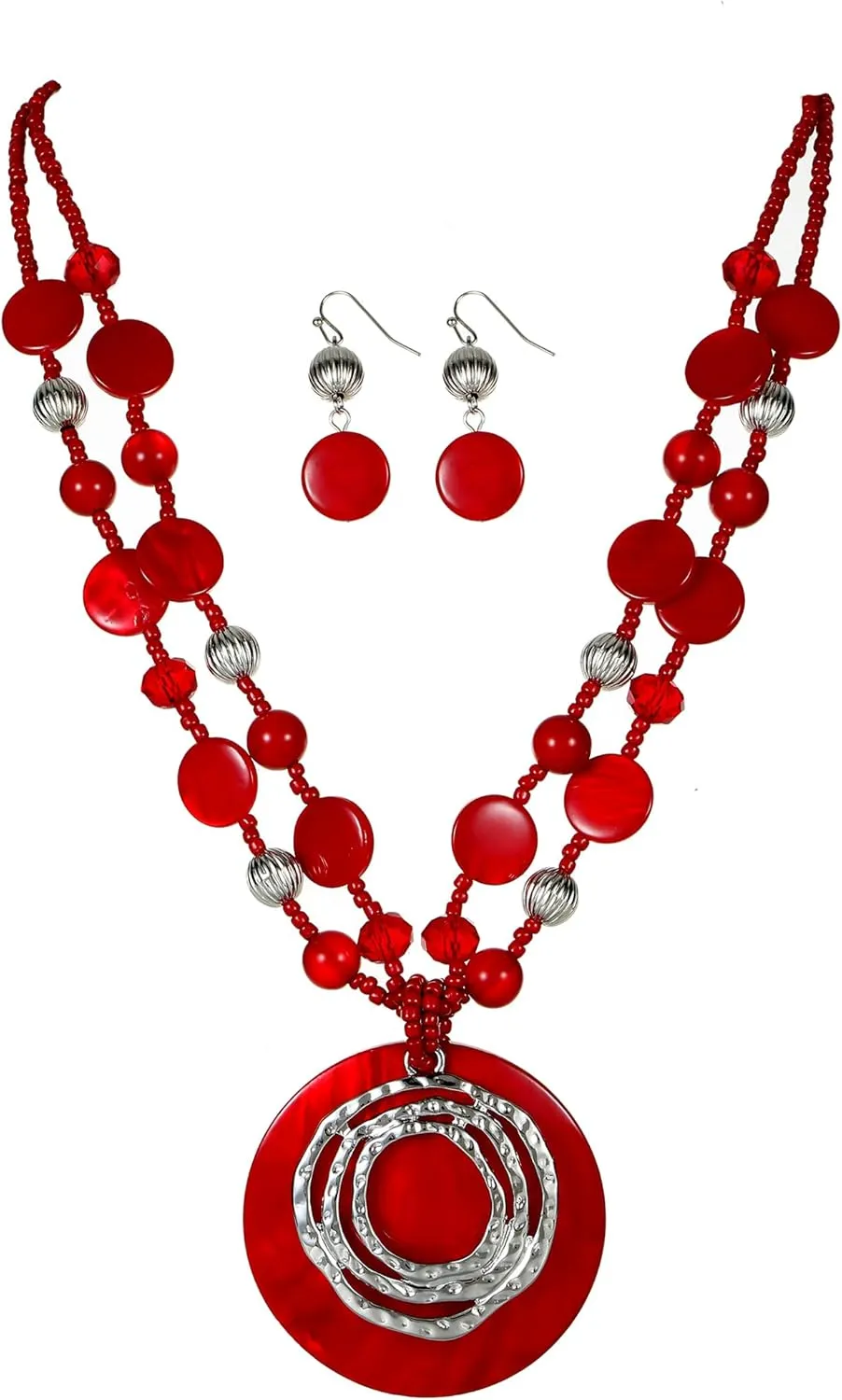Multilayered Strand Statement Necklaces Set for Women Big Circle Shell Pendant Necklace with Colorful Beaded Chunky Choker Necklace and Earrings.
