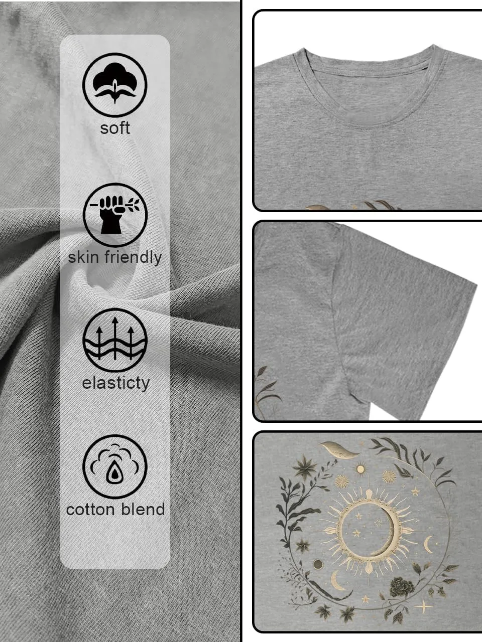 MZEAZRK Women Mystic Moon and Sun Flower Shirt Boho Wildflower Celestial Moon Graphic T Shirts Short Sleeve Tops