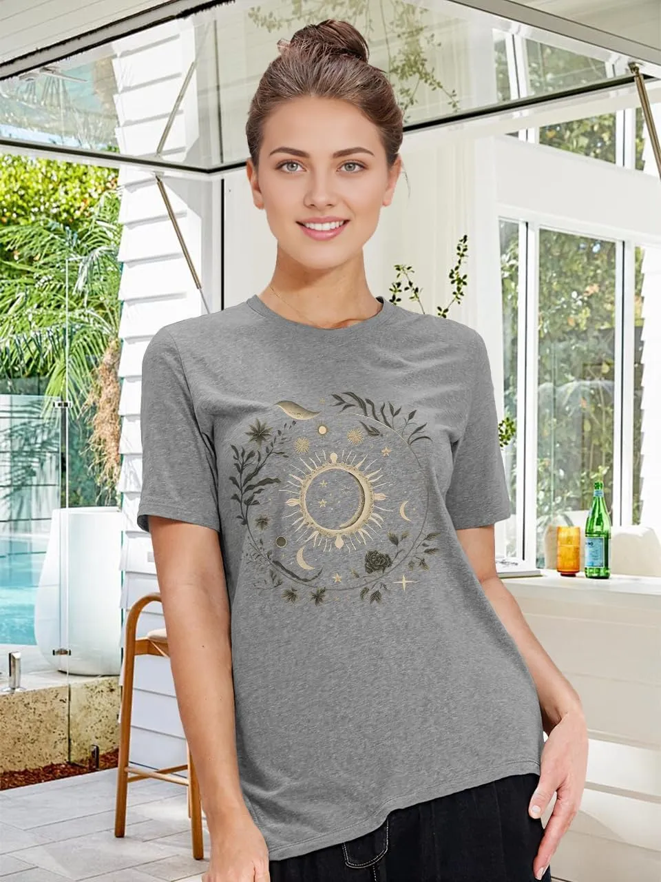 MZEAZRK Women Mystic Moon and Sun Flower Shirt Boho Wildflower Celestial Moon Graphic T Shirts Short Sleeve Tops