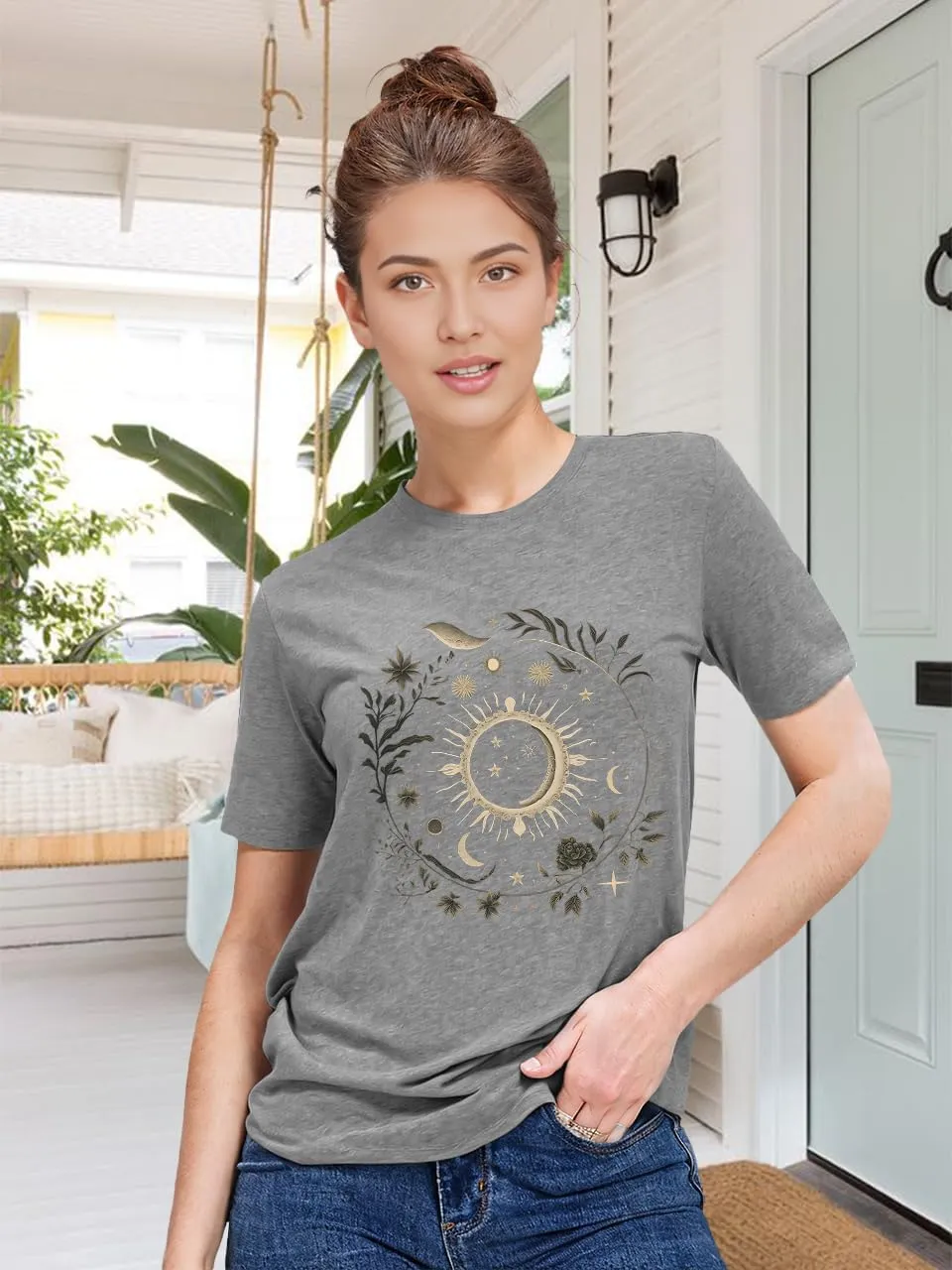 MZEAZRK Women Mystic Moon and Sun Flower Shirt Boho Wildflower Celestial Moon Graphic T Shirts Short Sleeve Tops